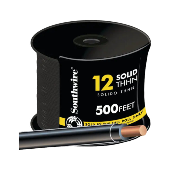 A black spool labeled Southwire 12 AWG BLK 500ft contains durable copper wire for building projects. The yellow and white text on the label contrasts with the black spool, while the wire slightly protrudes from the bottom.