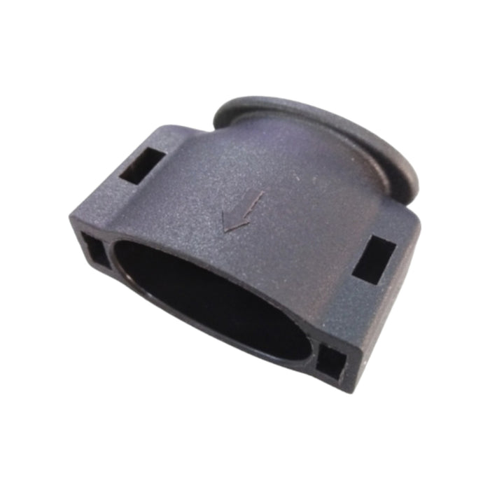 The APsystems 2061702007 Bus Connector Cap by APSystems is a black, oval-shaped connector made of plastic, featuring a smooth finish with two rectangular cutouts on each side. Designed for use in solar energy systems, it includes an engraved arrow symbol for orientation.