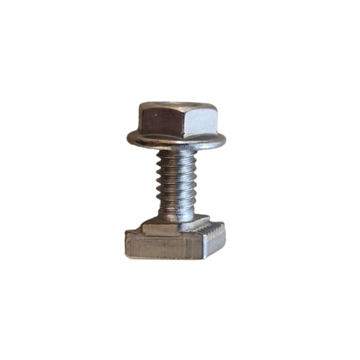 An Ironridge T-Bolt, part of the UL 2703 certified IronRidge Microinverter Bonding Hardware (BHW-MI-01-A1), is skillfully threaded through a square nut. The bolt and nut gleam with a metallic finish, contrasted against a simple white background.