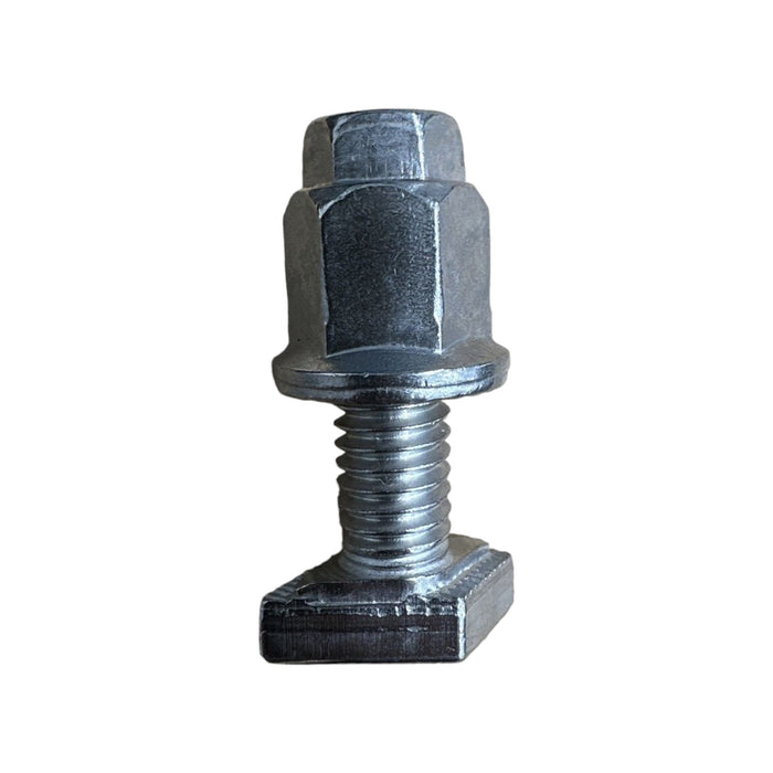 A T-bolt from IronRidge, specifically the BHW-TB-02-A1 Bonding Hardware, stands vertically on a white background with a hexagonal nut threaded onto it. This setup resembles components in solar mounting systems similar to the IronRidge FlashFoot2. The bolt features a rectangular and flat base that indicates versatile applications, much like Slotted L-Feet.