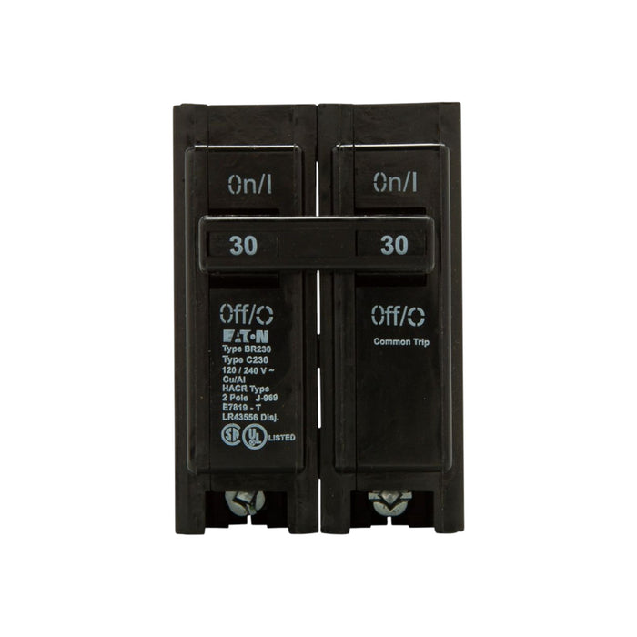 The Eaton Breaker BR230 is a double-pole circuit breaker from the Eaton brand, featuring Thermal Magnetic protection and two switches labeled 30 and On/Off. This molded case circuit breaker is specified for type BR230, operates at 120/240V AC, and includes additional model numbers.