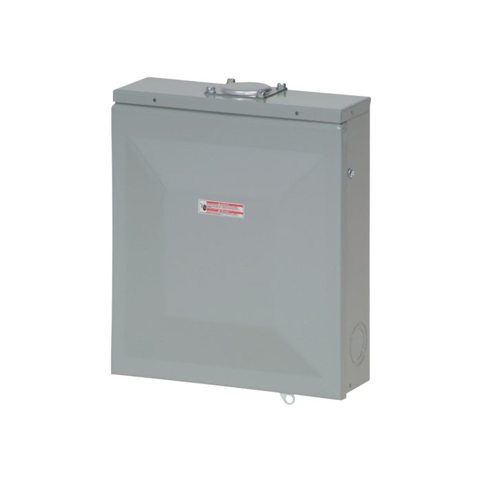 The Eaton BR816L125RP Main Lug Load Center, an outdoor gray metal enclosure, features a BR Plug-on Neutral design with a top latch and center warning label, exemplifying Eatons renowned quality for branch circuit breakers.