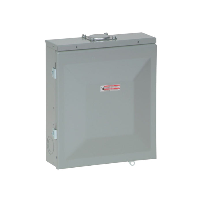 The Eaton BR816L125RP Main Lug Load Center is a gray rectangular electrical box with a hinged lid, warning label, top circular handle, and side latch designed for branch circuit breakers. It integrates seamlessly with Eaton Loadcenters for streamlined outdoor installations against a plain white background.