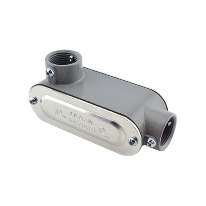 The Bridgeport LR42CG 3/4" LR Aluminum Conduit, produced by Bridgeport, is a gray metal T-shaped conduit body with a cover. It has two threaded openings designed for IMC or threaded rigid conduit connections. The cover is secured using screws and is labeled with specifications for easy inspection.