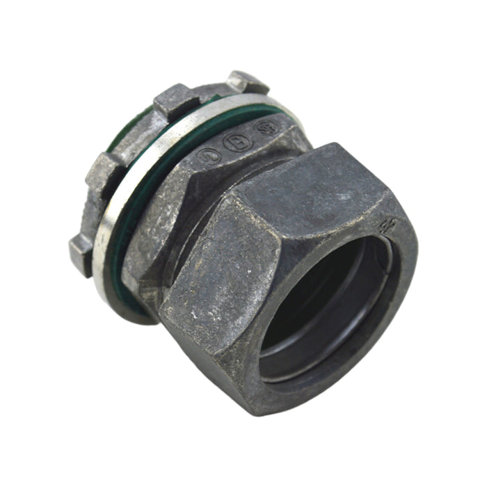 This image depicts a close-up of the Bridgeport 251RT2 3/4" Raintight Diecast Connector, featuring threaded and hexagonal metallic design elements with a prominent green gasket. Built for plumbing or electrical projects, it guarantees a raintight seal and is ideal for use with EMT conduit systems.