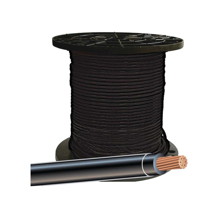 A large spool of Southwire 6 AWG BLK 500ft wire displays a close-up of the cross-section in the foreground, revealing copper strands inside and highlighting its moisture-resistant design suitable for building applications.