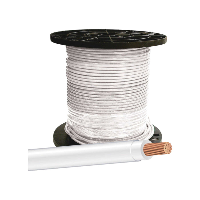 A 500ft spool of Southwire 6 AWG WHT features a black base. A section reveals stranded copper conductors typical of THHN insulation from Solartek within its white sheath.