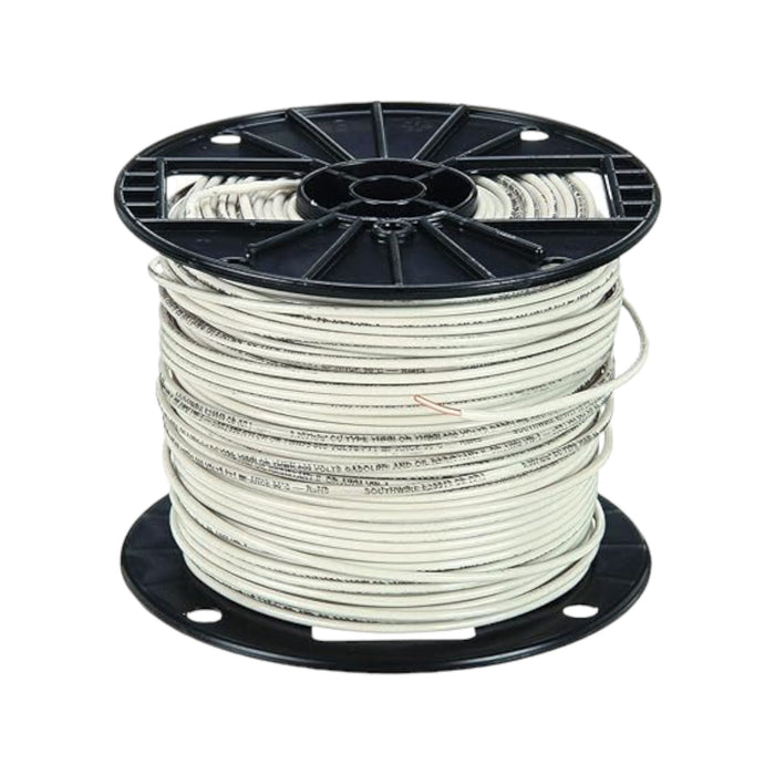 A large spool of Southwire 12 AWG WHT 500ft wire, coiled neatly around a black reel. The versatile conductor has printed text along its length, with a small segment of the end visibly protruding from the coil.