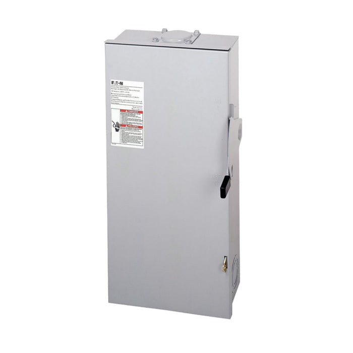 The Eaton DG223NRB 100 Amp, 2 Pole, 240 Volt, NEMA 3R General Duty Cartridge Fuse Safety Switch is a gray metal enclosure with a side lever handle and a prominent red and white label. This device incorporates a quick-break rotary blade mechanism for improved safety.