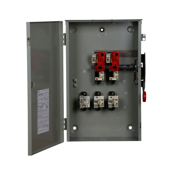 The Eaton 200AMP Non Fused Disconnect, designed for outdoor use, is wall-mounted and displays circuits and switches with red and black components. A label inside the door provides clear identification of each element.