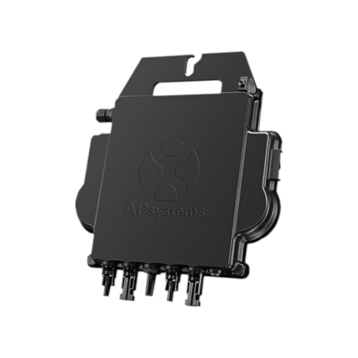 The image displays the APSystems Microinverter DS3-L, a black unit with dual MPPT capabilities and multiple connectors, showcasing a sleek design. The APsystems logo is prominently upfront, highlighting its grid-interactive features.