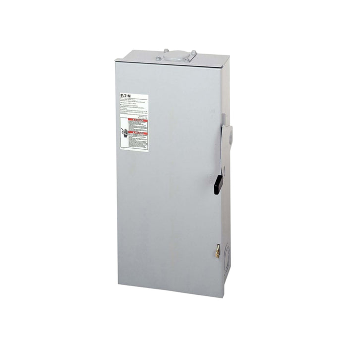 The Eaton DG223URB 100 Amp Double Pole Non-Fusible NEMA 3R General Duty Safety Switch is a gray electrical safety device equipped with a lever handle on the right side. It supports a 240-Volt capacity and features a front sticker with instructions and safety warnings. This switch is designed for controlling electrical circuits, making it ideal for ensuring safety during maintenance in various NEMA 3R environments.