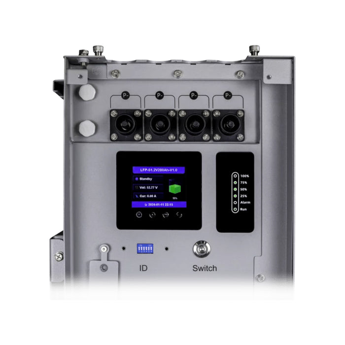 Close-up of a Solartek EG4 Power Pro WallMount Batterys digital screen displaying battery status. This metallic, rectangular control panel has buttons, indicator lights, ports, ID labels, switch functions, and integrated self-heating for all-weather use.