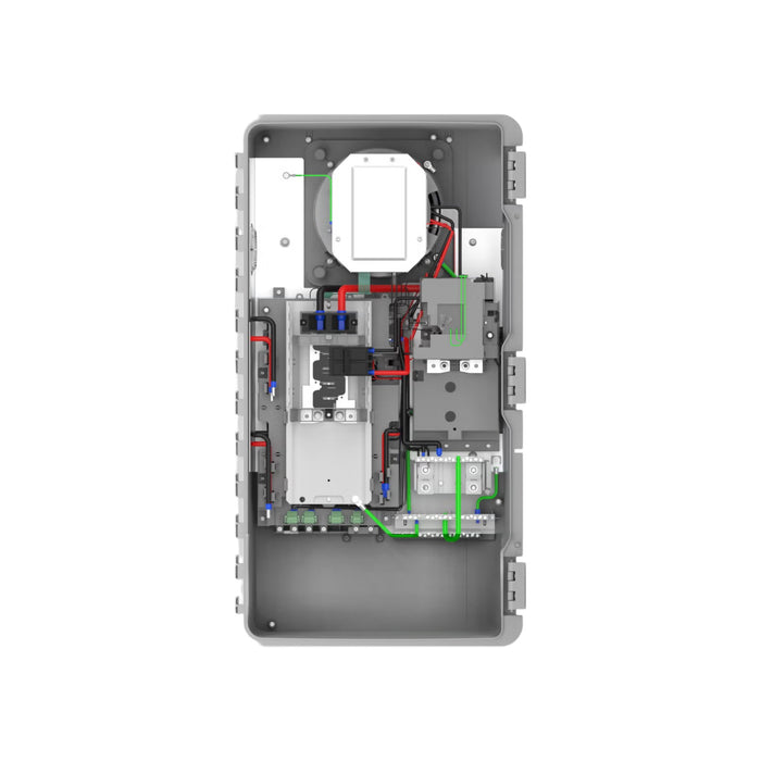 The inside of the electrical control box showcases a neatly arranged assortment of wires, circuits, and components. Featuring the Enphase EP200G-SC2-RSD-KIT IQ System Controller 2 KIT by Enphase Energy, the layout includes red, black, and green wiring set against a gray background to ensure a seamless transition to backup during grid outages.