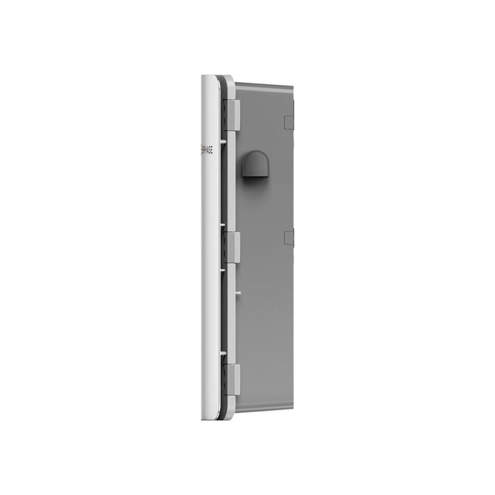 A side view of a tall, narrow, heavy-duty door features a gray finish and visible hinges. This metal door, engineered for industrial use, is slightly ajar to reveal its sturdy locking mechanism that mirrors the seamless transition provided by the Enphase EP200G-SC2-RSD-KIT IQ System Controller 2 from Enphase Energy during grid outages.