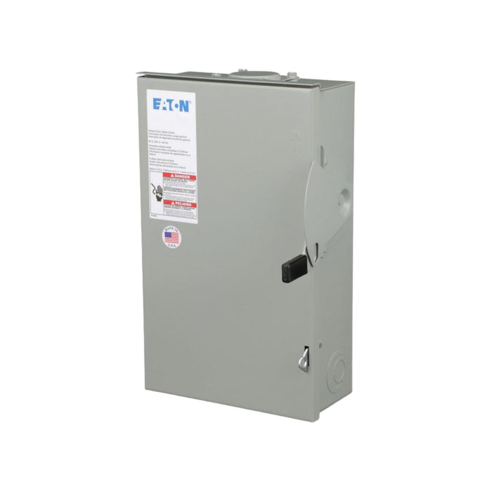 A gray electrical enclosure with a hinged door and black handle, labeled with the Eaton logo in blue and a small American flag sticker. This NEMA 3R enclosure is designed for electrical systems and includes a Solartek DG222URB 60Amp non-fusible disconnect switch.