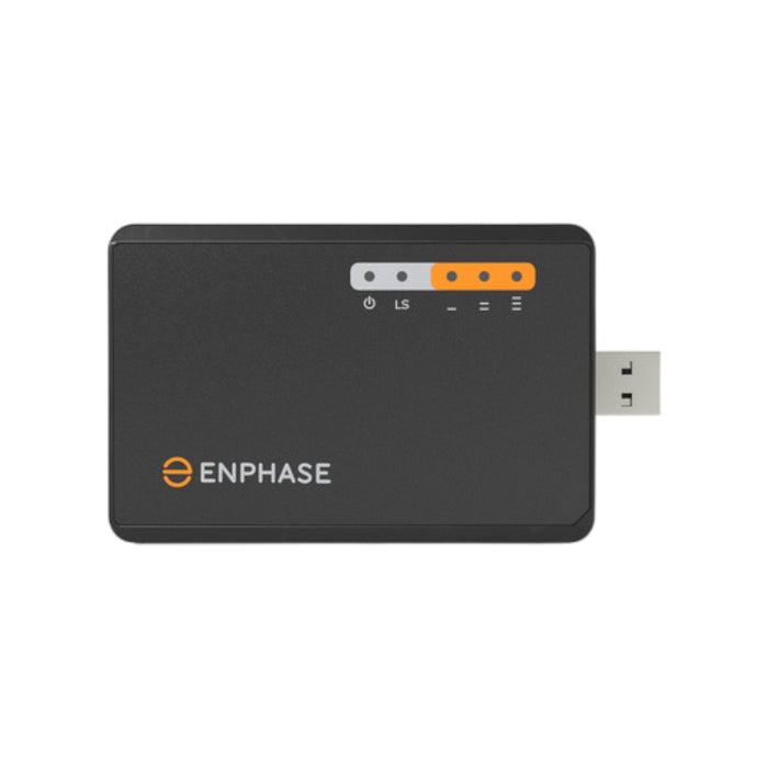 The image features a black Enphase Energy CELLMODEM-M1-06-SP-05 Cell Modem (T-Mobile) with indicator lights and the Enphase logo, ideal for connecting to an IQ Gateway. Its compact rectangular design includes side ports and front panel LED lights, ensuring seamless integration with the Enphase Microinverter System.