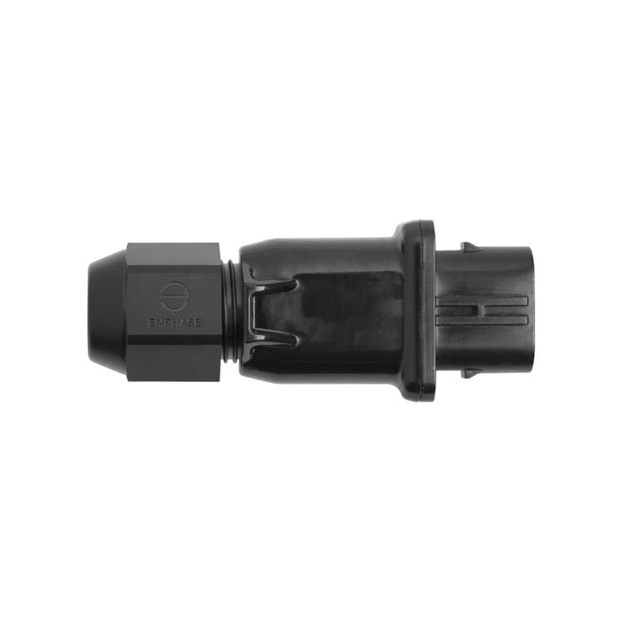 The Enphase Q-CONN-10F Q Field Wireable Connector (Female) by Enphase Energy is a black electrical component characterized by its cylindrical shape and rectangular end. It boasts a textured grip and bears the label "Enphase IQ Cable," all set against a plain white backdrop.