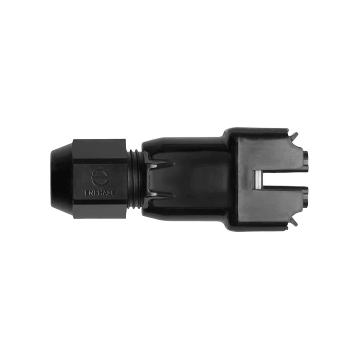 The Enphase Energy Q-CONN-10M IQ Field Wireable Connector (Male) features a robust black rectangular design with Enphase engraved on the side, making it perfect for solar panel wiring applications in solar power systems. It is presented against a clean white background.