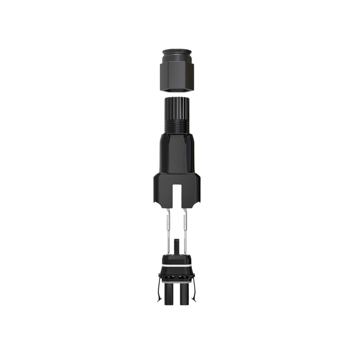 An exploded view of the Enphase Q-CONN-10M IQ Field Wireable Connector (Male) from Enphase Energy showcases intricate components: a screw-on cap, a threaded cylindrical midsection, and metal prongs at the base. Each piece is vertically aligned and separated, making it perfect for precise solar panel wiring in solar power systems.