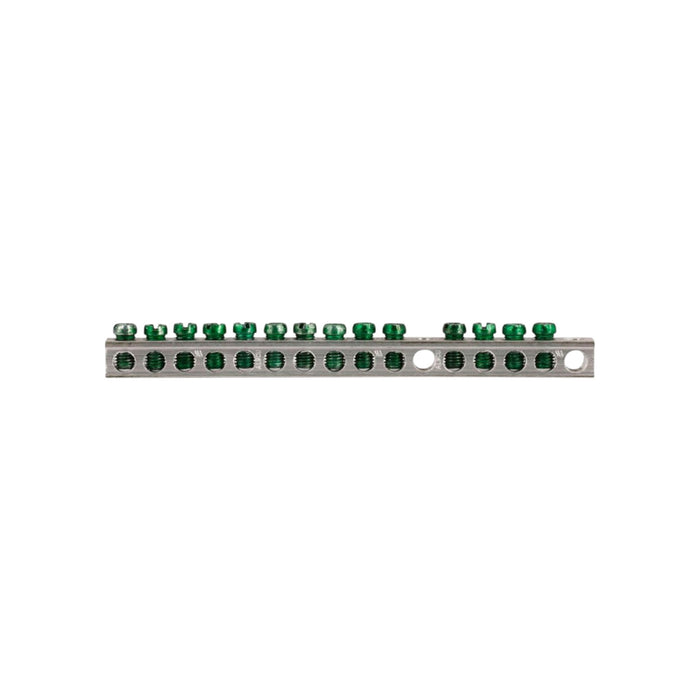 A Solartek Eaton Ground Bar Kit 14 Terminal, featuring metallic construction with multiple green screw terminals for electrical connections, is showcased on a white background.