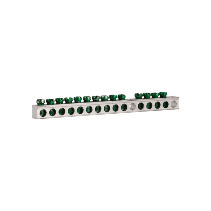 The Solartek Eaton Ground Bar Kit 14 Terminal is a metallic block with green screw connectors in two rows, designed to efficiently secure and organize electrical wires and circuits in load centers.