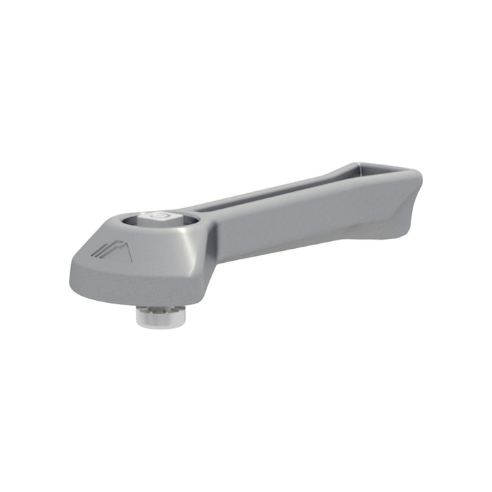 A gray, ergonomic handle with a wide grip and designed for attachment includes a circular connector at the bottom and reveals module compatibility through a subtle embossed logo on top. The sleek design is reminiscent of the IronRidge CAMO-01-M1 UFO Hidden End Clamps Camo and is set against a light gray background.