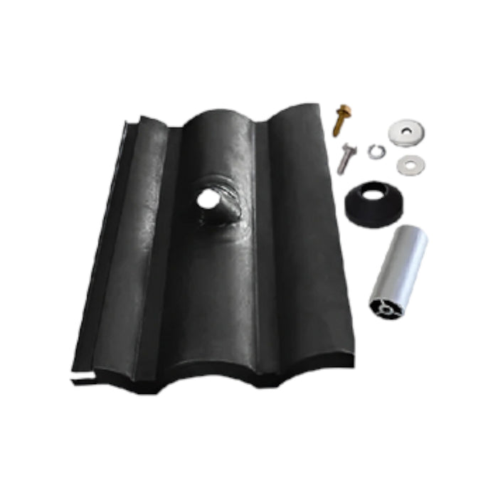 The IronRidge Tile Replacement, featuring a 4" black tile with a pre-drilled hole, is displayed along with mounting hardware such as screws, washers, and a cylindrical spacer. This setup illustrates the components utilized in solar installations on tile roofs.