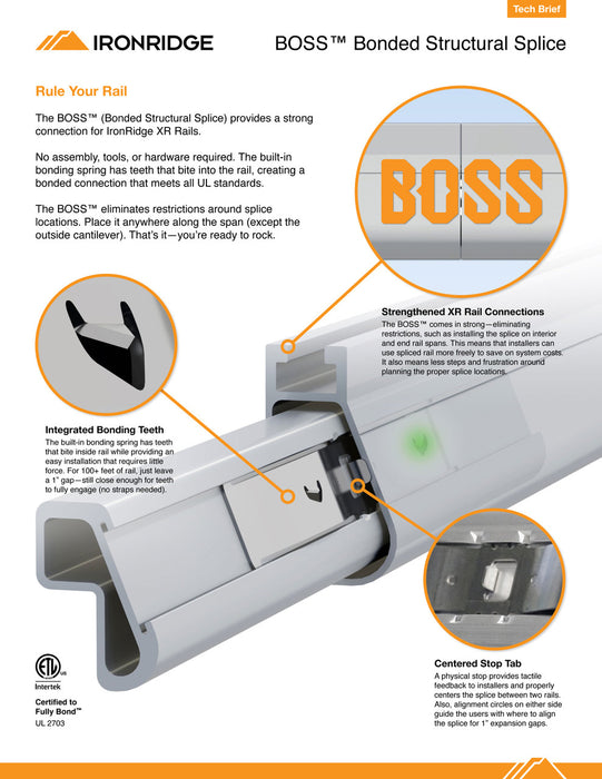 Tech brief for the IronRidge XR1000-BOSS-01-M1 Bonded Structural Splice. Includes detailed illustrations of the splice with highlighted components such as bonding teeth and stop tabs. Descriptive text explains its features, benefits for XR Rail connections, and compliance with UL standards.