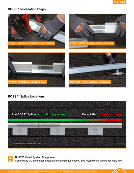 An image showing the technical brief on installing the IronRidge XR1000-BOSS-01-M1 Bonded Structural Splice outlines the installation steps, focusing on cutting and installing XR Rails. It also depicts splice locations with a green line labeled "Install It Anywhere" and a red line labeled "Except the Outside Cantilever," ensuring adherence to UL standards.