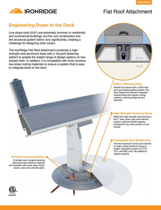 The tech brief IronRidge Flat Roof Attachment from Solartek features an image detailing components such as built-in waterproofing and a high-strength cast aluminum base, emphasizing benefits for low-slope roofs.
