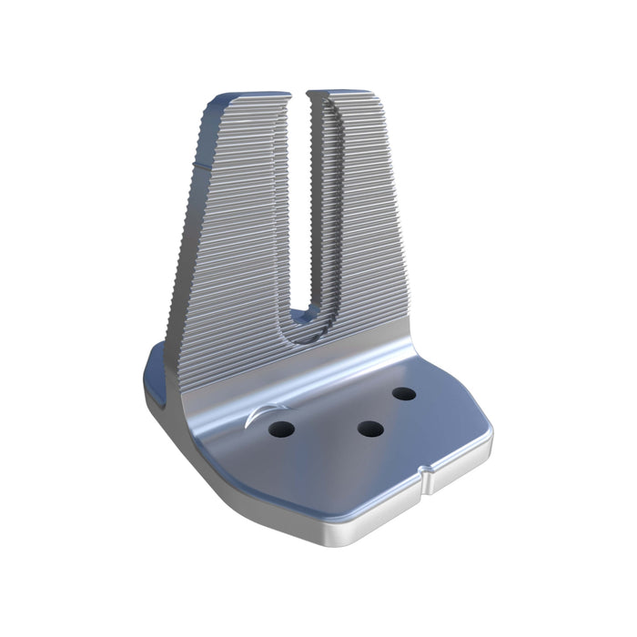 The IronRidge QM-HUG-01-M1 QuickMount Halo UltraGrip from Ironridge is a sleek, modern metallic component featuring vertical ridges and a central slot. It has a flat base with three holes for mounting and is designed with UltraGrip Seal Technology for enhanced durability and waterproof protection. The material seems to be steel or aluminum.