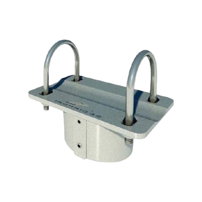 The IronRidge SGA Top Cap 2" is a robust metal mounting bracket crafted from cast aluminum, featuring two U-shaped clamps for secure attachment. Its sturdy construction, enhanced by the Ironridge brand's quality, is highlighted against a plain white background to emphasize its industrial design for use with Schedule 40 pipes.