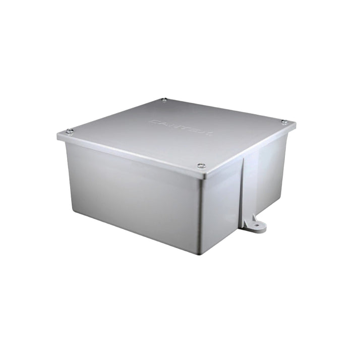 The Cantex 5133712 J Box 8x8x4, from the renowned brand Cantex, is a gray PVC enclosure box with a flat, square lid and smooth sides. The lid is securely fastened with screws at each corner and includes a mounting bracket on one side, making it ideal for surface-mounted applications. Its clean surface showcases a subtle embossed logo.
