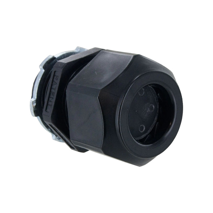 Close-up of a Heyco M3234GBR-SM 3/4" Cordgrip 5 Hole, a black industrial connector with a cylindrical shape and textured grip, featuring a metallic ring near one end. This Heyco product ensures a watertight seal, making it ideal for securing cables or pipes. The plain white background highlights its details.