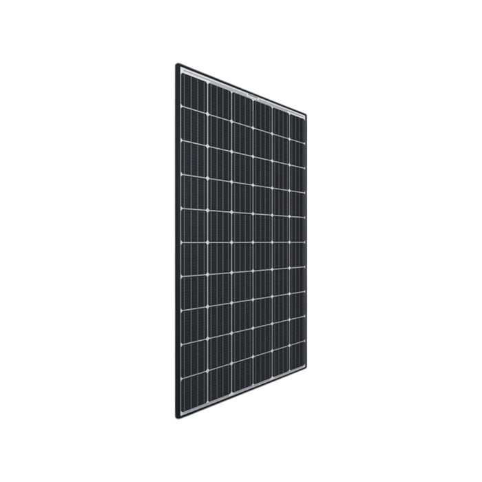 The Solartek QCells 400W Solar Panel BLK/SLV features a grid of dark monocrystalline cells. At an angle, its rectangular shape contrasts against a white background, highlighting the efficiency of Q.ANTUM technology.