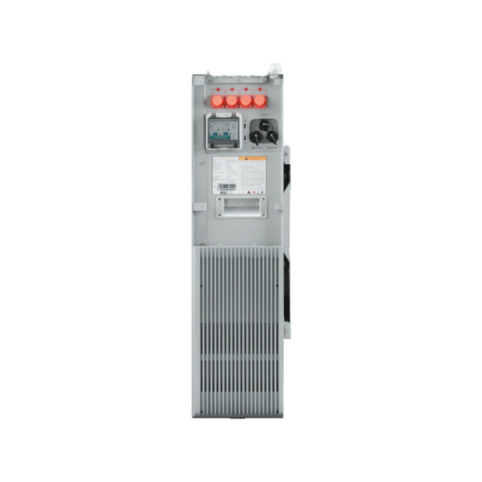 An industrial electrical panel image shows red top connectors, a digital meter, switches, and a grated lower section. Integrated is the Solartek EG4 Power Pro WallMount All Weather Lithium Battery 14.3kwH, seamlessly merging into the large system.