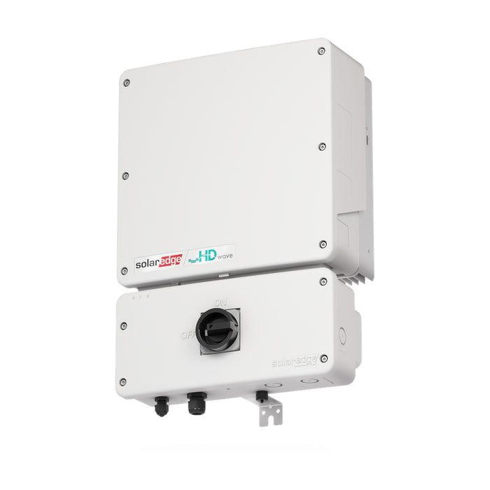 The SolarEdge Energy Hub Inverter 3.8kW SE3800H-USS3BBC14 by Solaredge is a white inverter with a modern rectangular design that includes built-in consumption monitoring. It boasts logos, a large circular dial, and two connectors at the bottom, all contributing to improved energy cost savings.