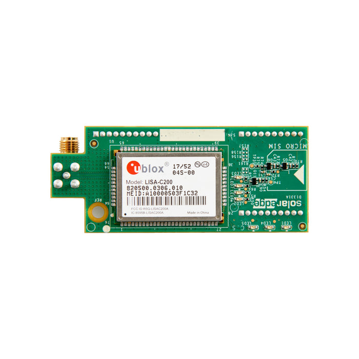 The SolarEdge Cellular Modem B CELL-B-R05-US-S-S2 by Solaredge is a compact green electronic circuit board featuring a central u-blox module and an integrated cellular modem. It includes various small components, such as a connector and side pins, likely designed for connectivity or remote monitoring.