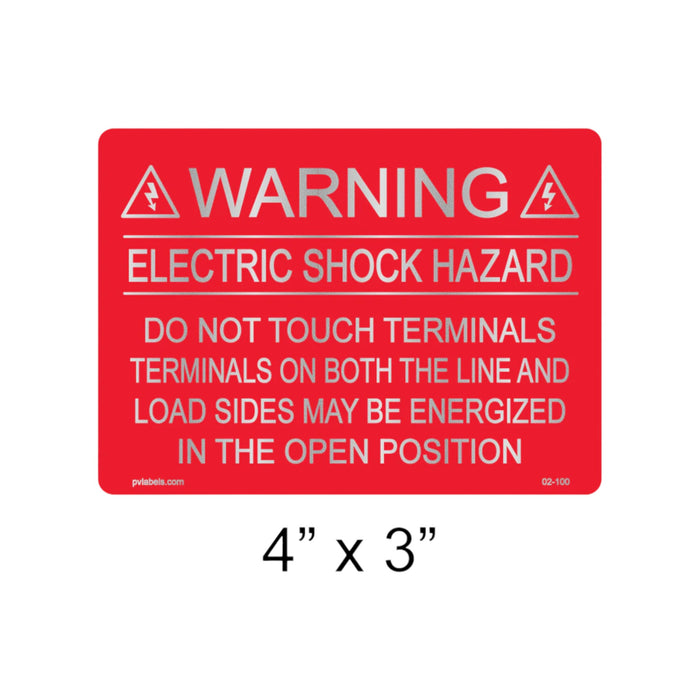 Red solar warning label from the PV Labels brand's PV Solar Labels 55 Piece Value Pack indicating an electric shock hazard. Text reads: Do not touch terminals. Terminals on both the line and load sides may be energized in the open position. Features durable UV inks for longevity, measures 4 x 3 inches, and includes a permanent adhesive for secure placement.