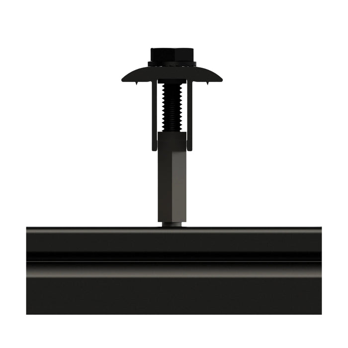 A detailed view of the Unirac 302045D Mid Clamp Dark showcases a black metal fastener with a hexagonal bolt threaded through a bracket, attached to a flat base. This setup exemplifies SolarMount systems precision for secure T-bolt engagement in industrial assemblies.