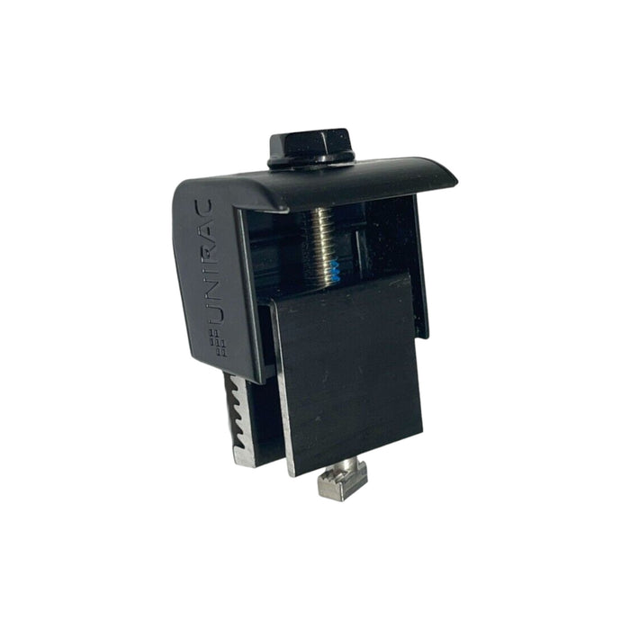 Close-up of the Unirac End Clamp Dark, a black mechanical component with a screw and bolt mechanism. It has a rectangular metal frame engraved with Unirac on the side against a plain white background, emphasizing its robust compatibility with various clamps.