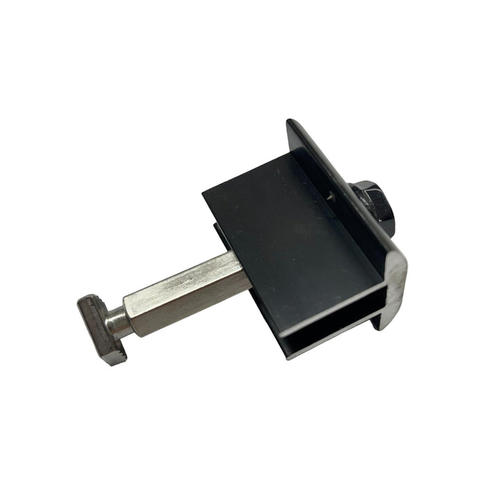 The Unirac 302045D Mid Clamp Dark, with a black rectangular section and a silver adjustable bolt, is displayed against a white background. Its ideal for seamless installation, ensuring reliable T-bolt engagement for enhancing SolarMount systems.