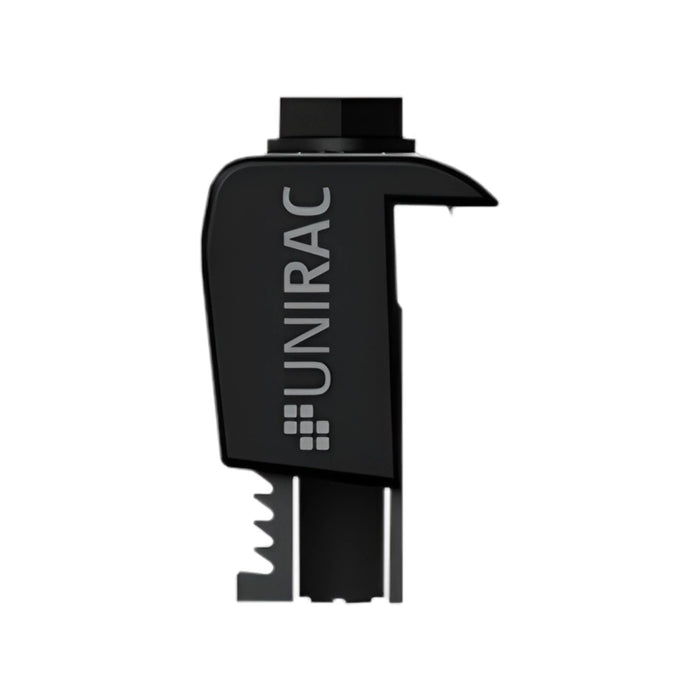 The Unirac End Clamp Dark is a black solar panel mounting clip with a sleek design, featuring the brand name and logo on its side. It is compatible with various panel types due to its jagged bottom edge and curved top for efficient installation.