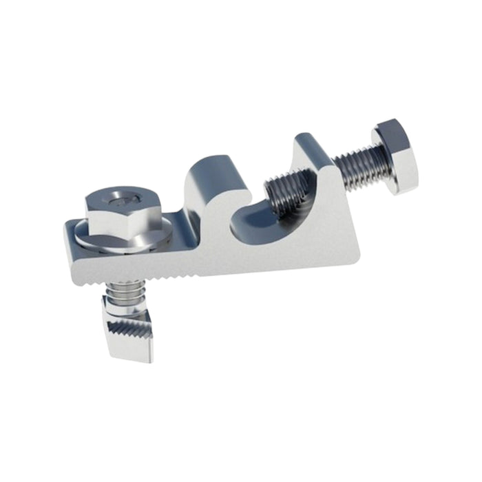 The IronRidge XR-LUG-03-A1 Grounding Lug, designed with a U-shaped groove and secured by two bolts, is perfect for industrial or mechanical applications. It offers a smooth gray finish for enhanced durability and is precisely engineered to seamlessly integrate into the UFO System or attach grounding lugs effortlessly.