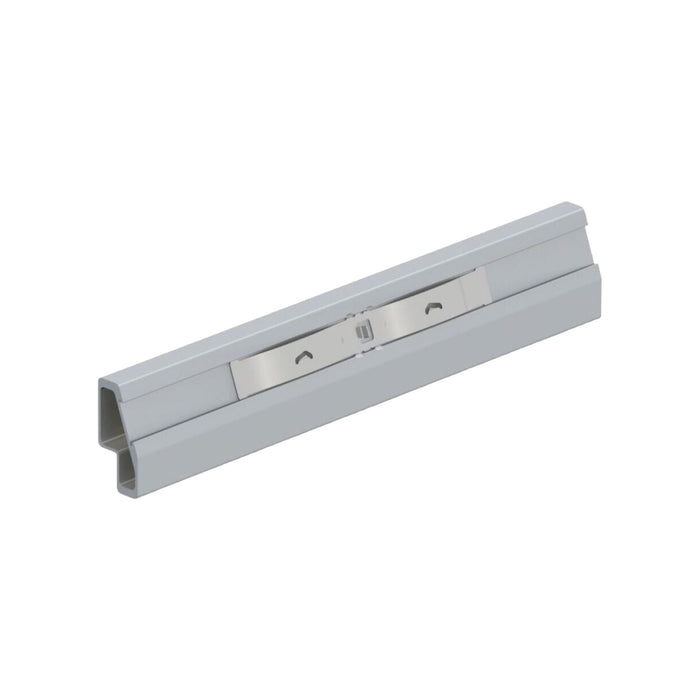 The IronRidge XR1000-BOSS-01-M1 Bonded Structural Splice, a rectangular metallic bracket by Ironridge, boasts a symmetrical design with a grooved surface and two slots on top. It meets UL standards and is showcased against a white background.