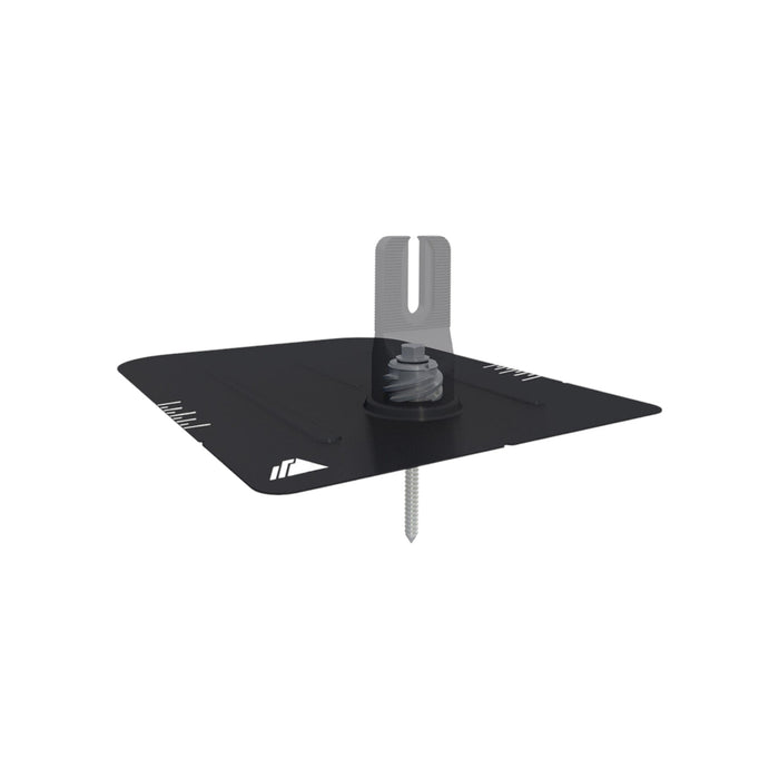 The Ironridge FF2-02-B2 FlashFoot 2 Dark bracket is black and comes with measurement markings and a single screw underneath. Its top features a vertical slot for adjusting or mounting, similar to the IronRidge FlashFoot2 design. The base is flat with rounded corners and includes a water seal design for enhanced protection.