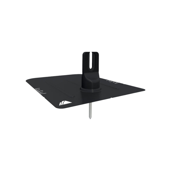 The Ironridge FF2-02-B2 FlashFoot 2 Dark is a black L-shaped mounting bracket featuring ruler markings and an attached screw, offering a sturdy, minimalist design. Perfect for securing objects to surfaces, it incorporates IronRidge FlashFoot2 technology for enhanced solar roof protection and a robust water sealing design.