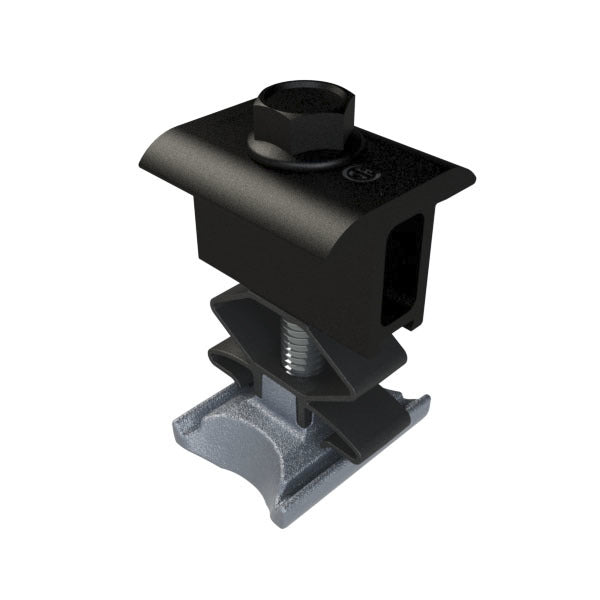 The Unirac CCLAMPD1 Combo Clamp Dark, by Unirac, is a versatile black and silver metal clamp featuring a bolt for securing objects. With its rectangular top piece and threaded section, this universal module clamp offers adjustability. It is perfect for wire management or as a dependable rail attachment across numerous hardware applications.