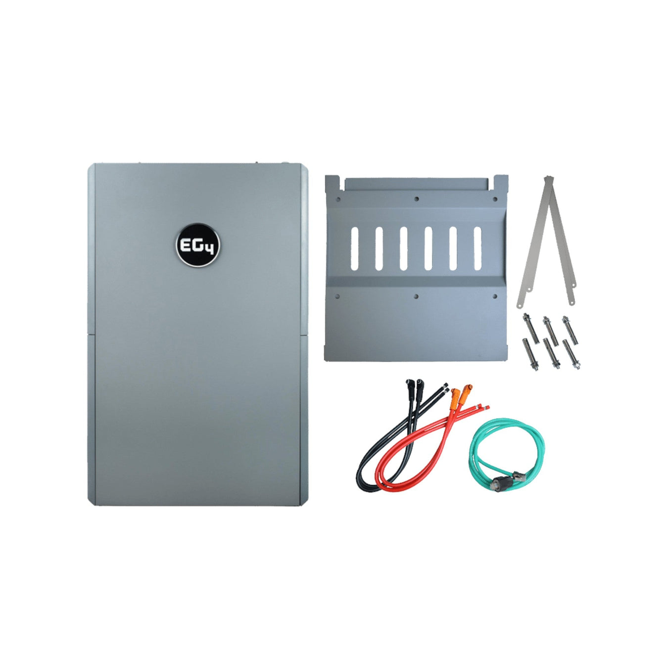 Battery storage unit with the EG4 logo, a mounting bracket, wall anchors, and colorful cables for installation, all arranged on a white background.